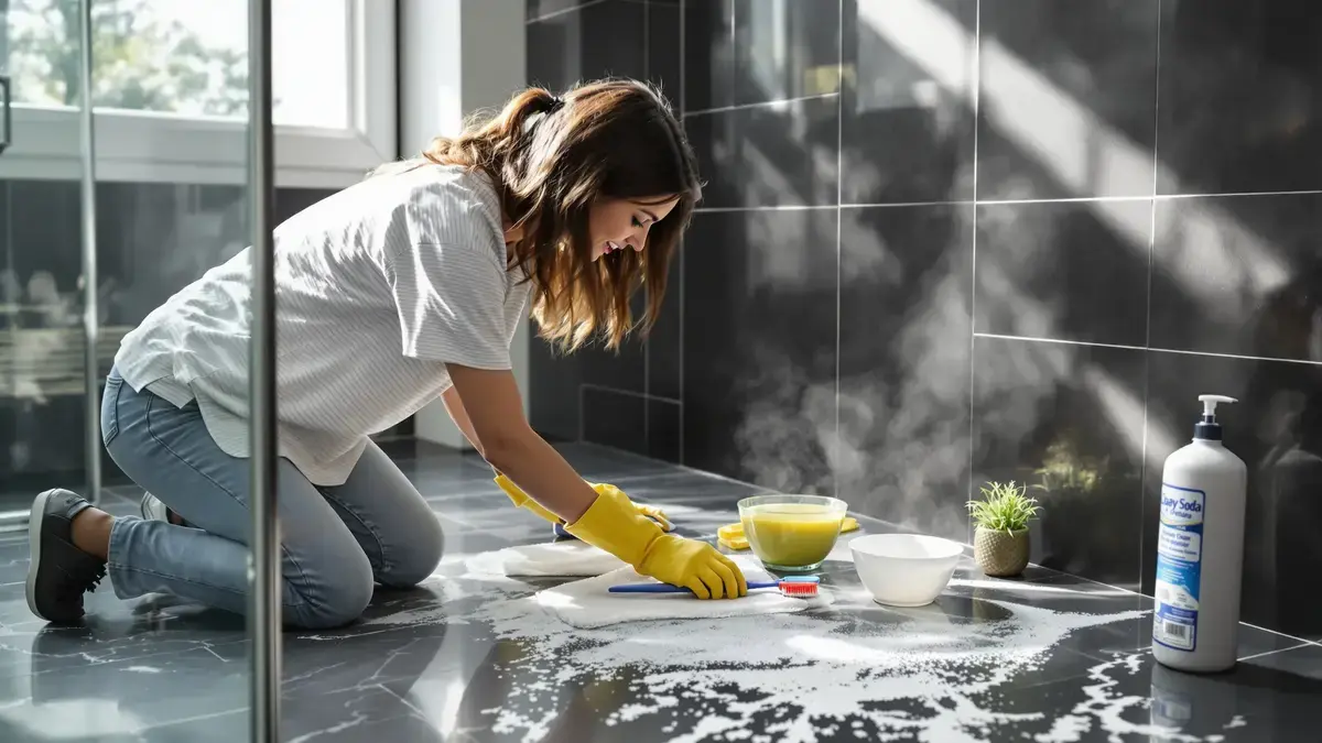 תערובת ארבעת המרכיבים הזו שאנו מזלזלים בה יכולה להציל את האריחים השחורים של חדר האמבטיה שלכם ב15 דקות